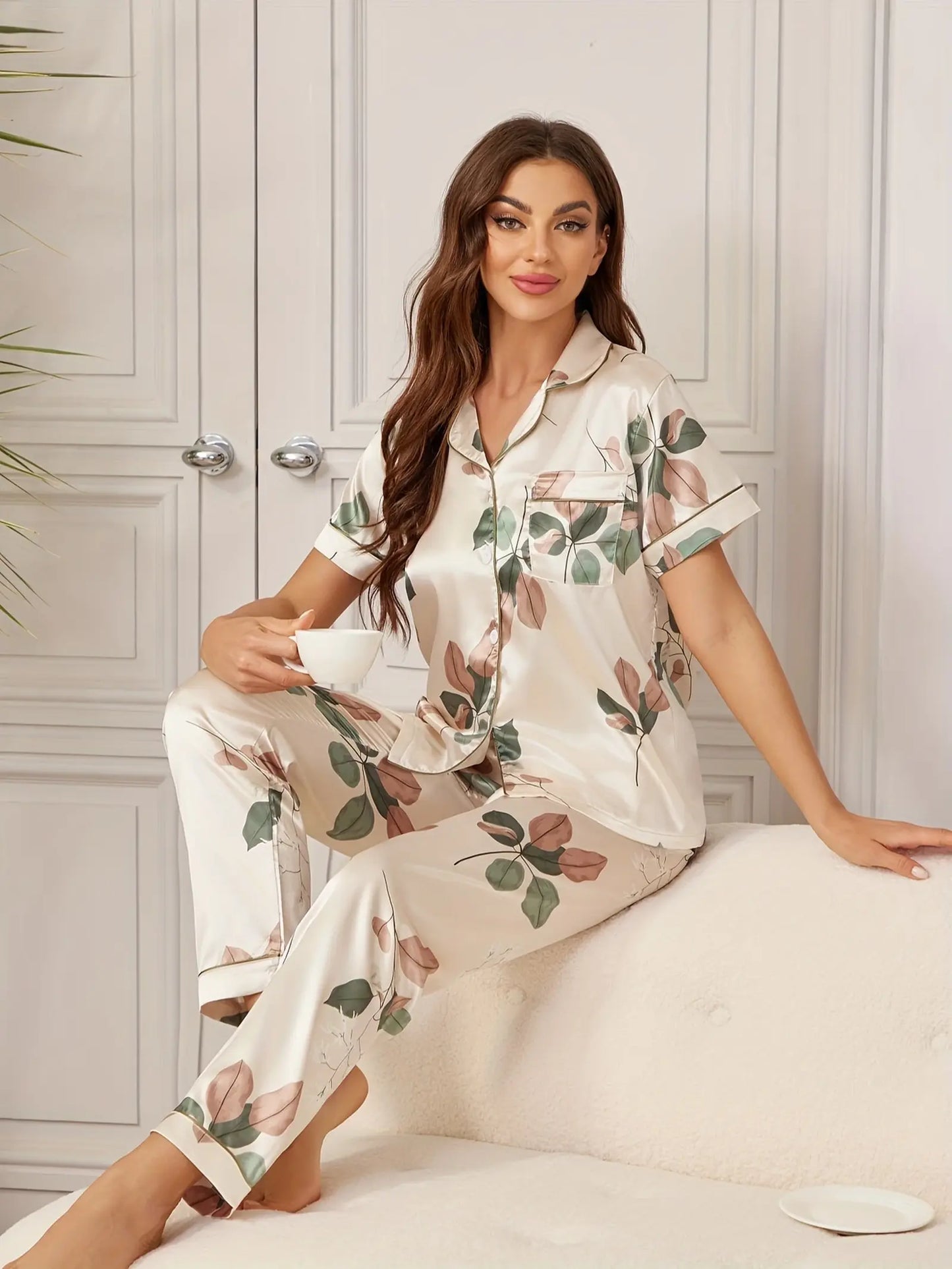 Floral Print Satin Cozy Pajama Set (2)