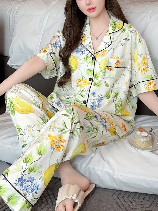 Elegant Floral Print Pajama Set Short Sleeve (1)