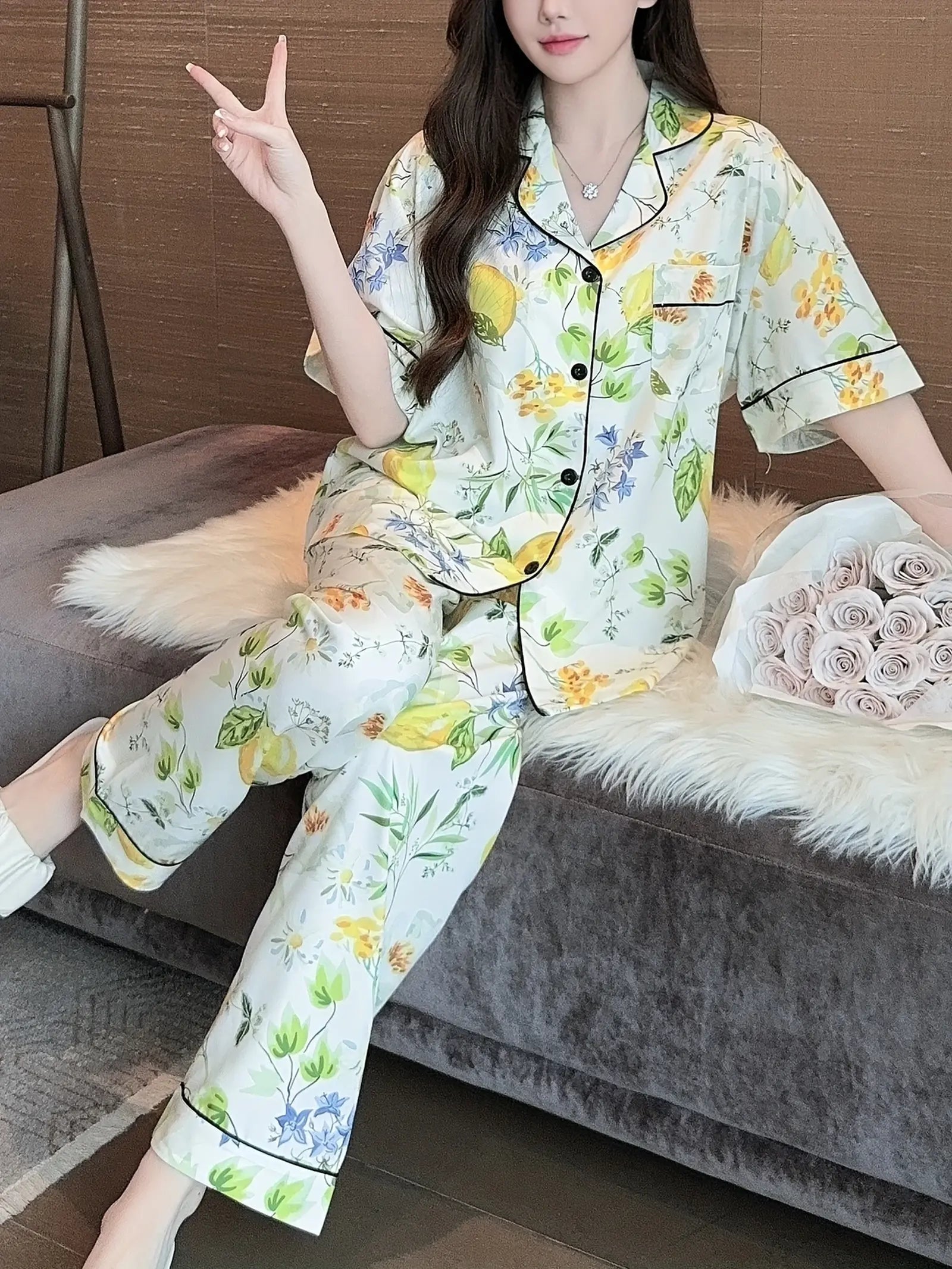 Elegant Floral Print Pajama Set Short Sleeve (4)