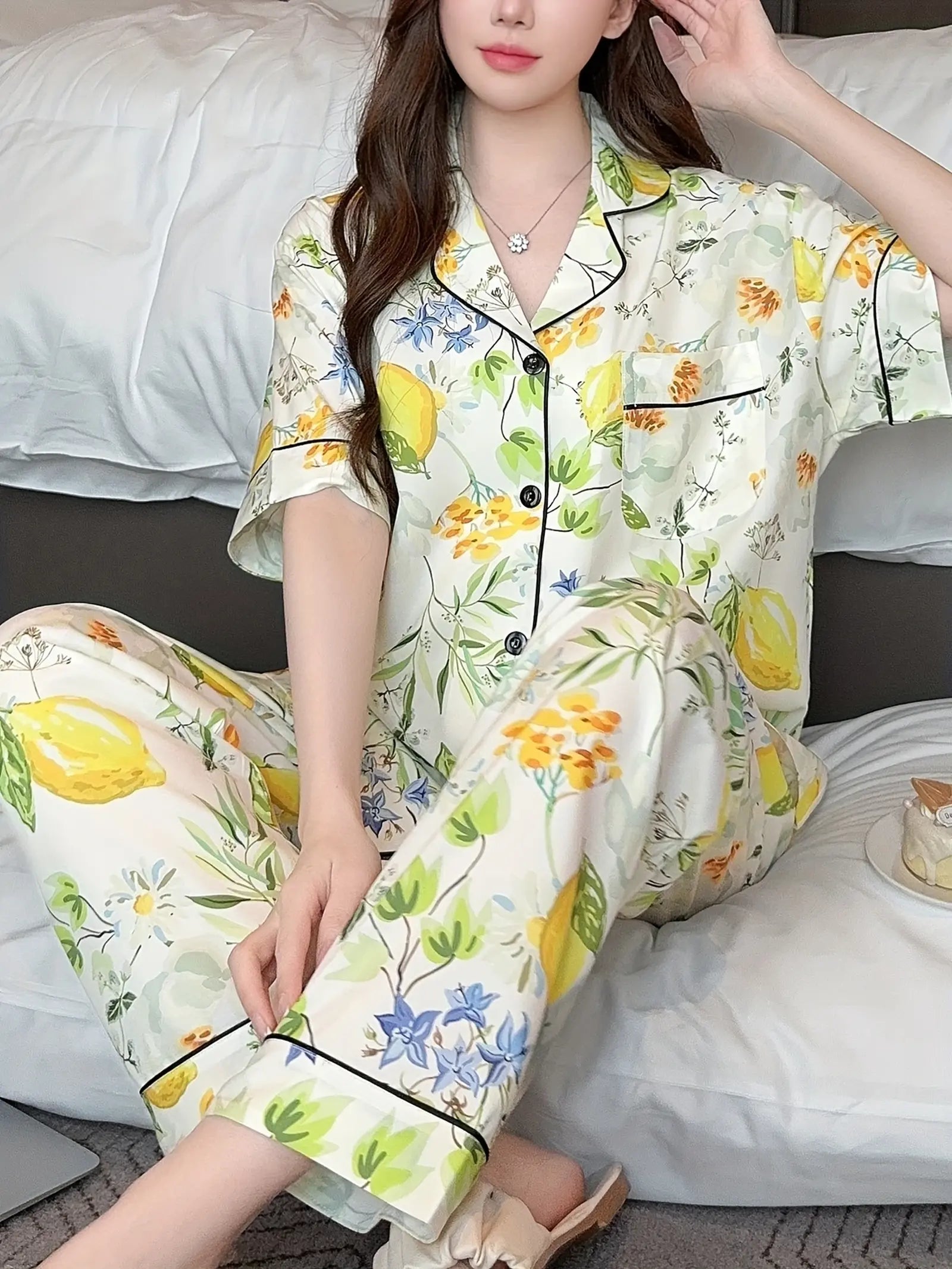 Elegant Floral Print Pajama Set Short Sleeve (3)