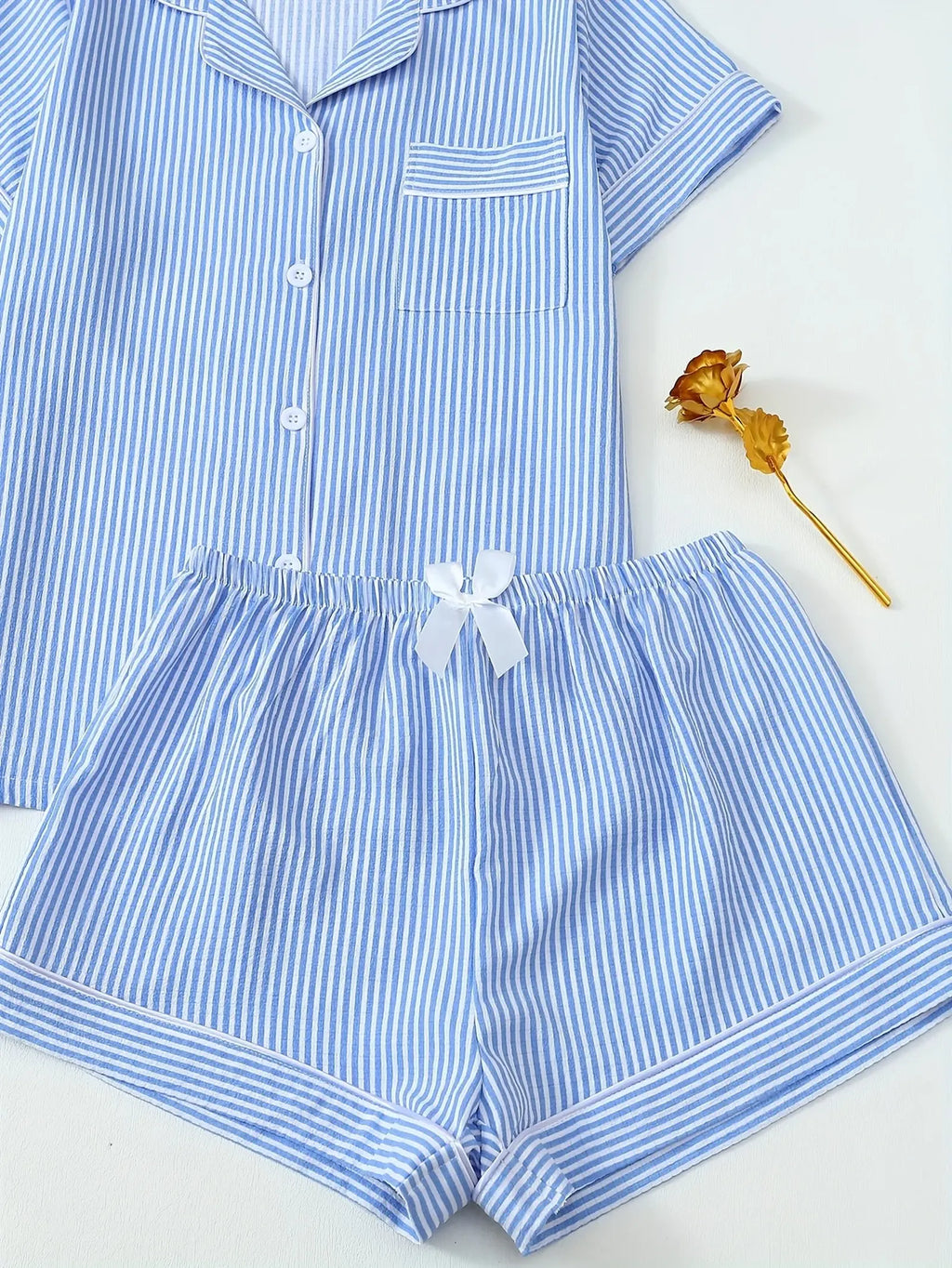 Striped Print Youth Short Sleeve Shorts Pajama Set (5)