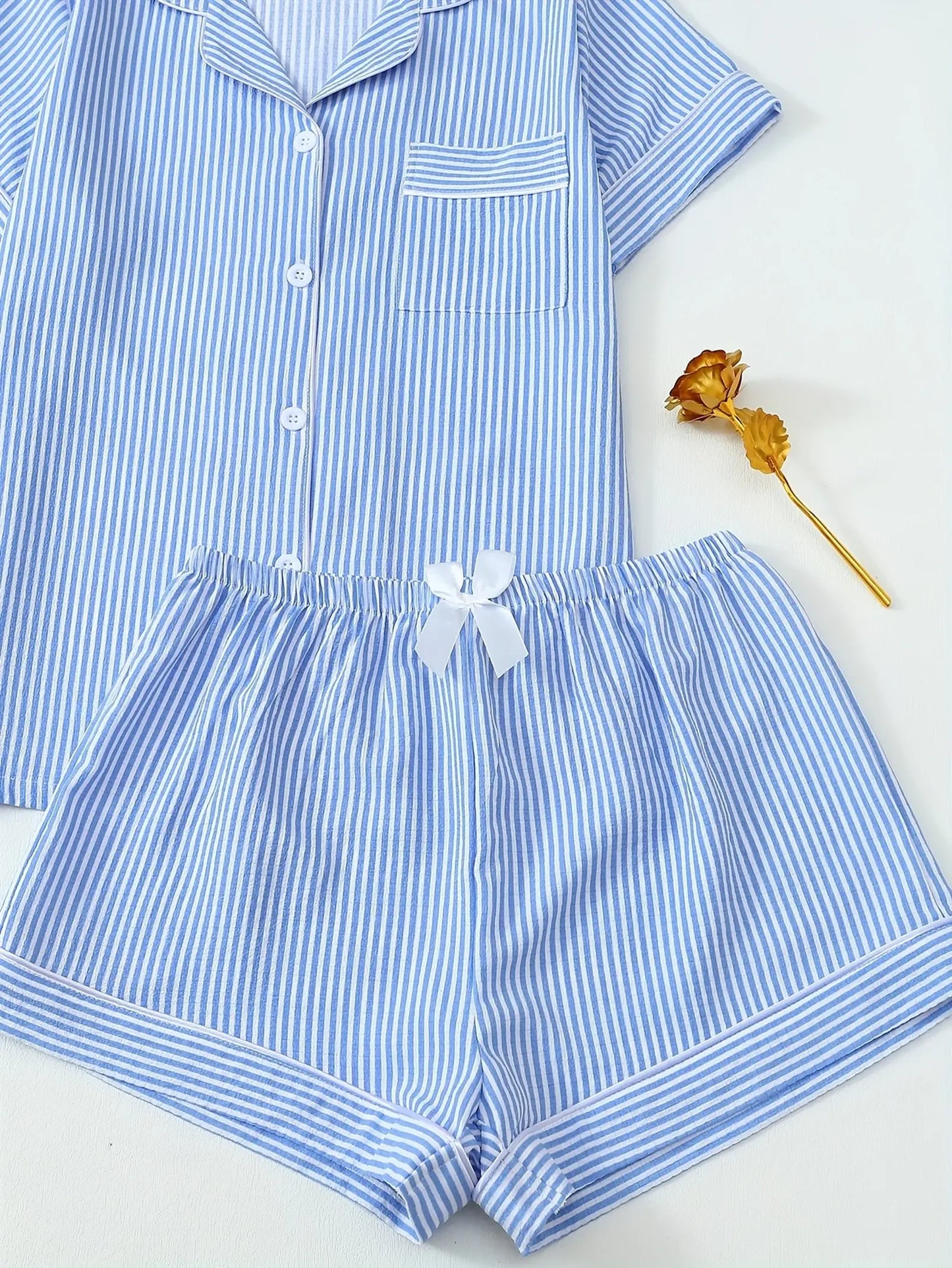 Striped Print Youth Short Sleeve Shorts Pajama Set (5)
