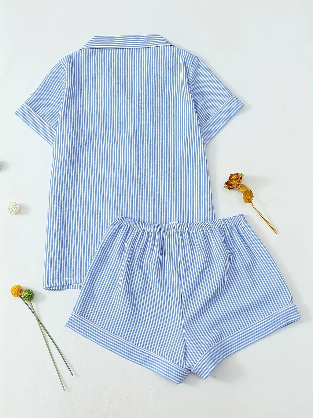 Striped Print Youth Short Sleeve Shorts Pajama Set (3)