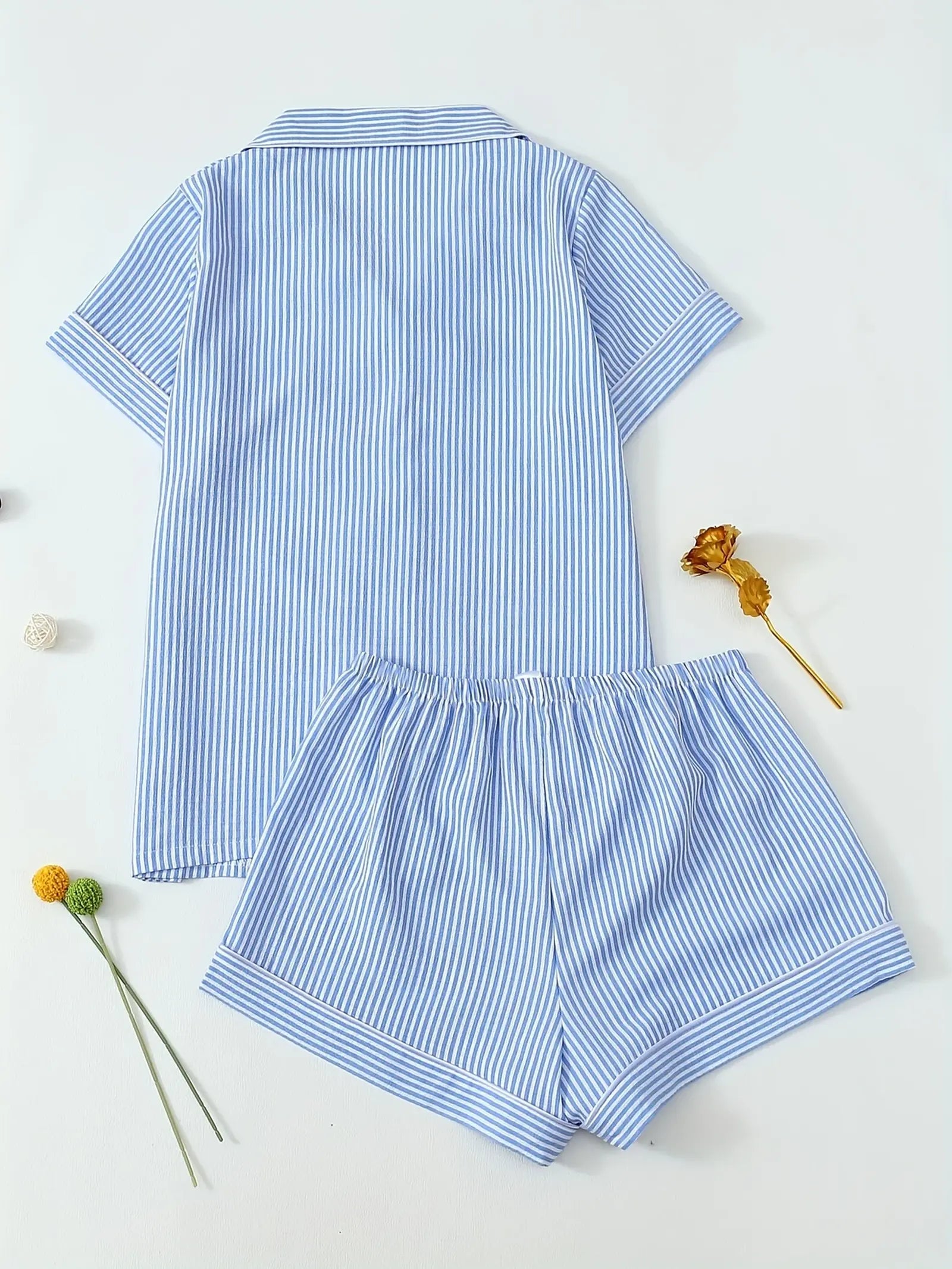 Striped Print Youth Short Sleeve Shorts Pajama Set (3)