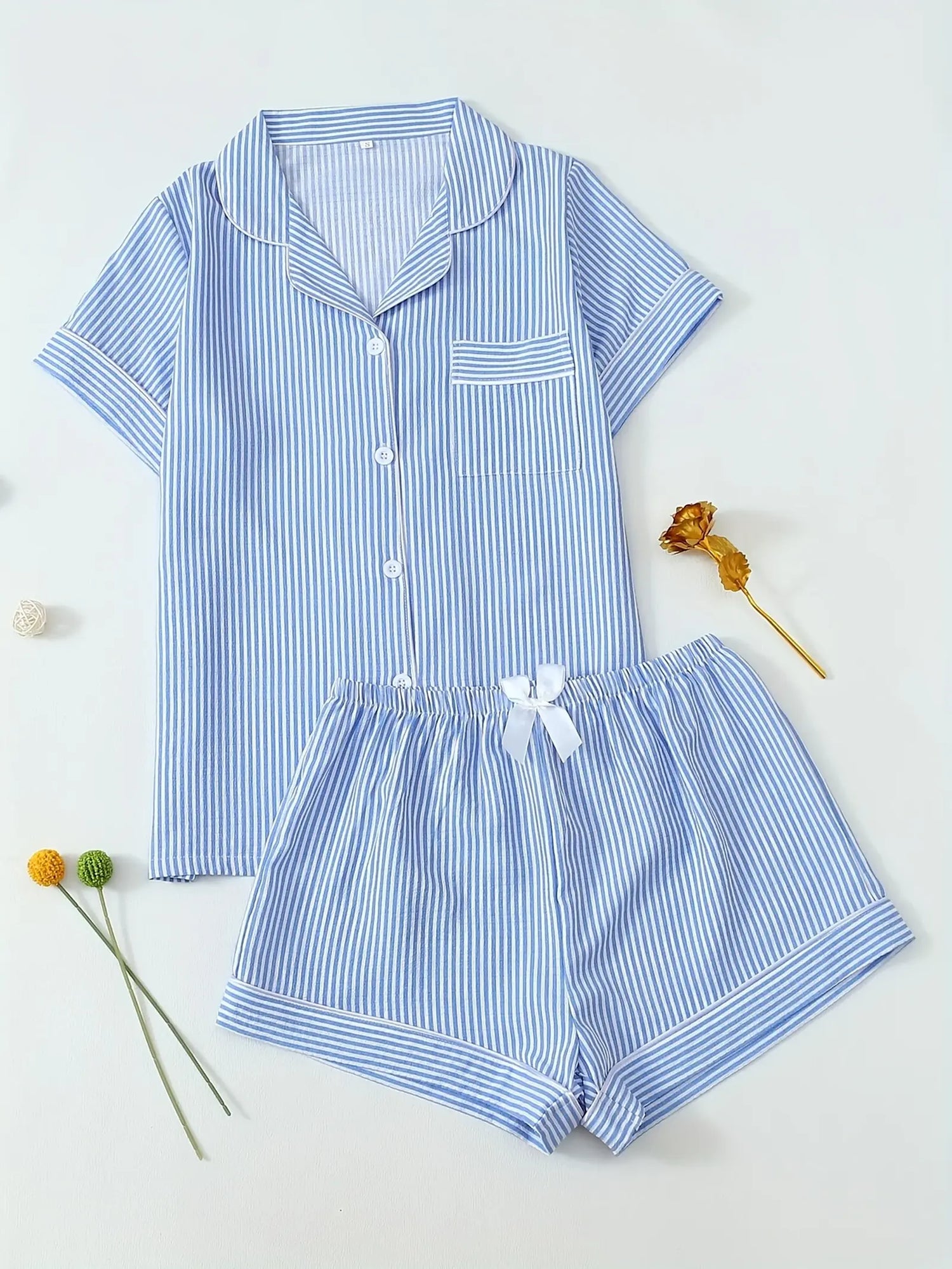 Striped Print Youth Short Sleeve Shorts Pajama Set (1)