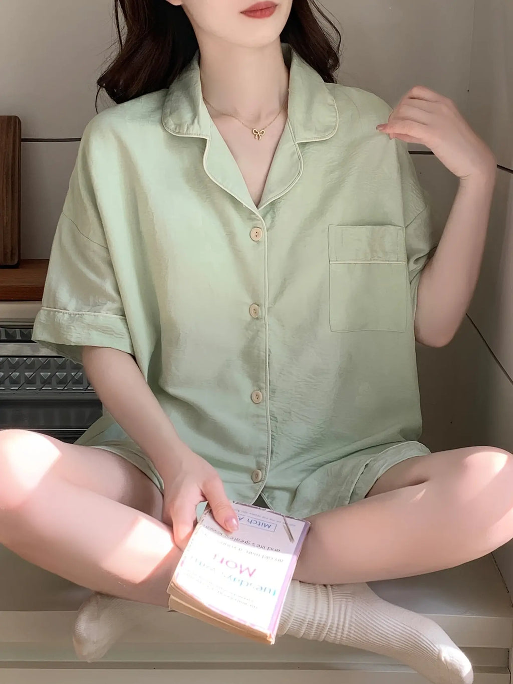 Green Loose Large Size Fashion Simple Collar Pajamas (3)