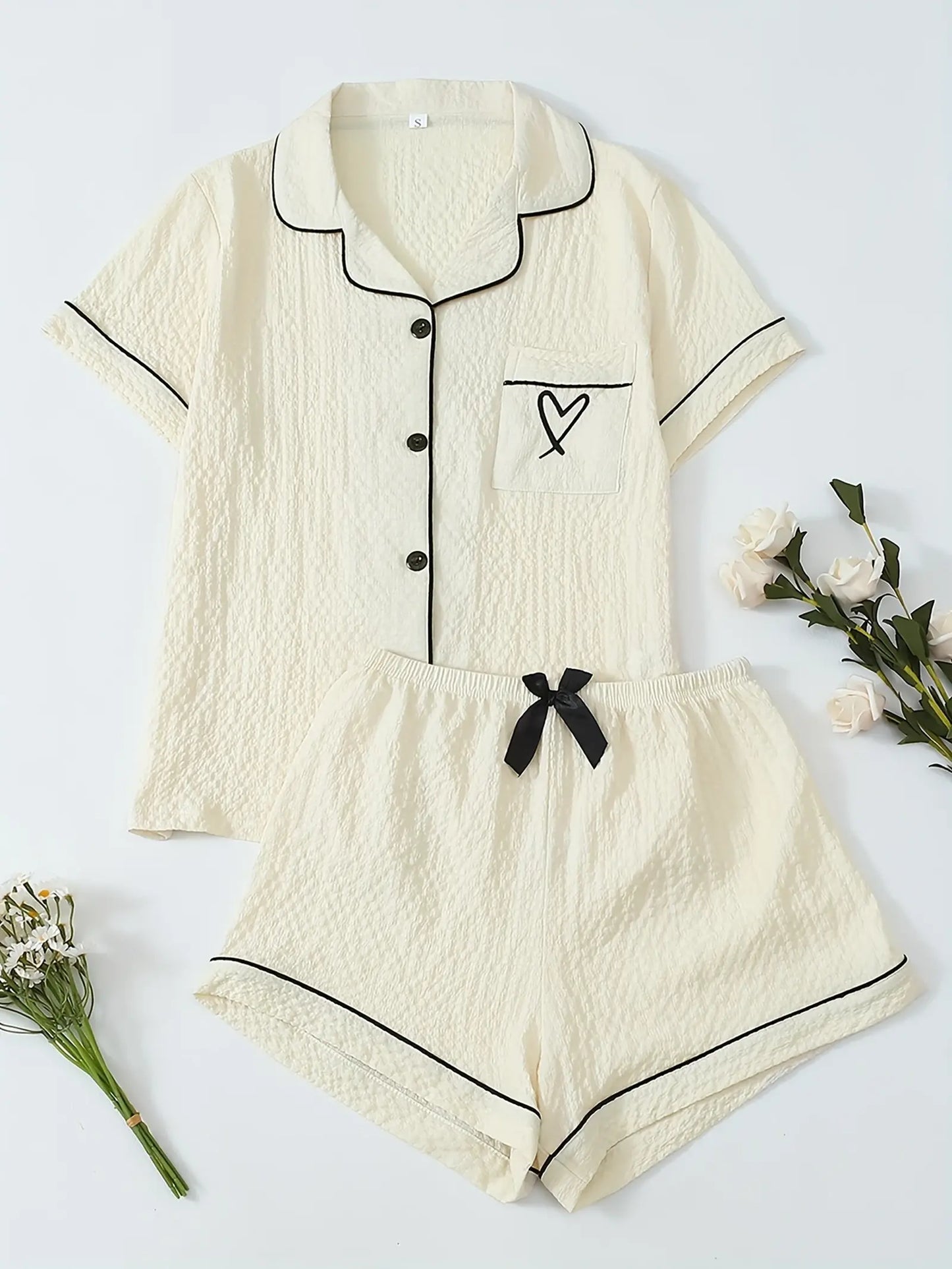 Heart-Shaped Embroidery Simple Pajamas Set (1)