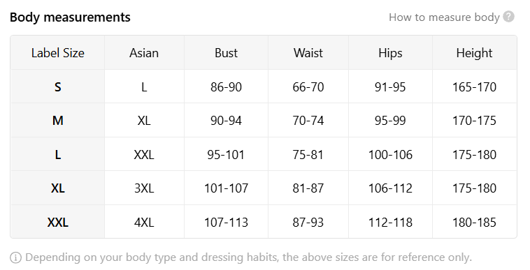 Table of body measurements with label sizes and corresponding measurements in centimeters.