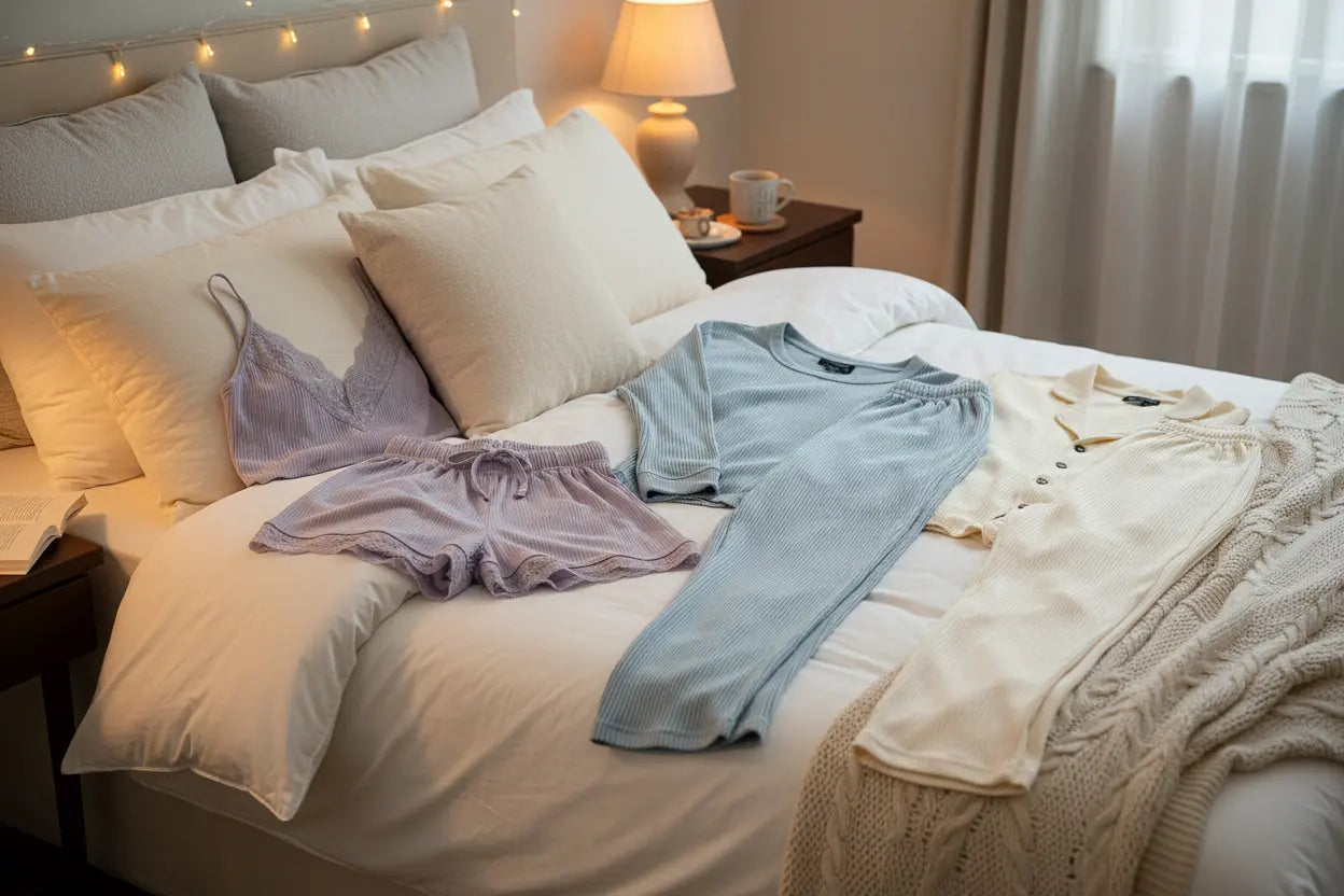 Pajamas laid out on a bed in a bedroom setting
