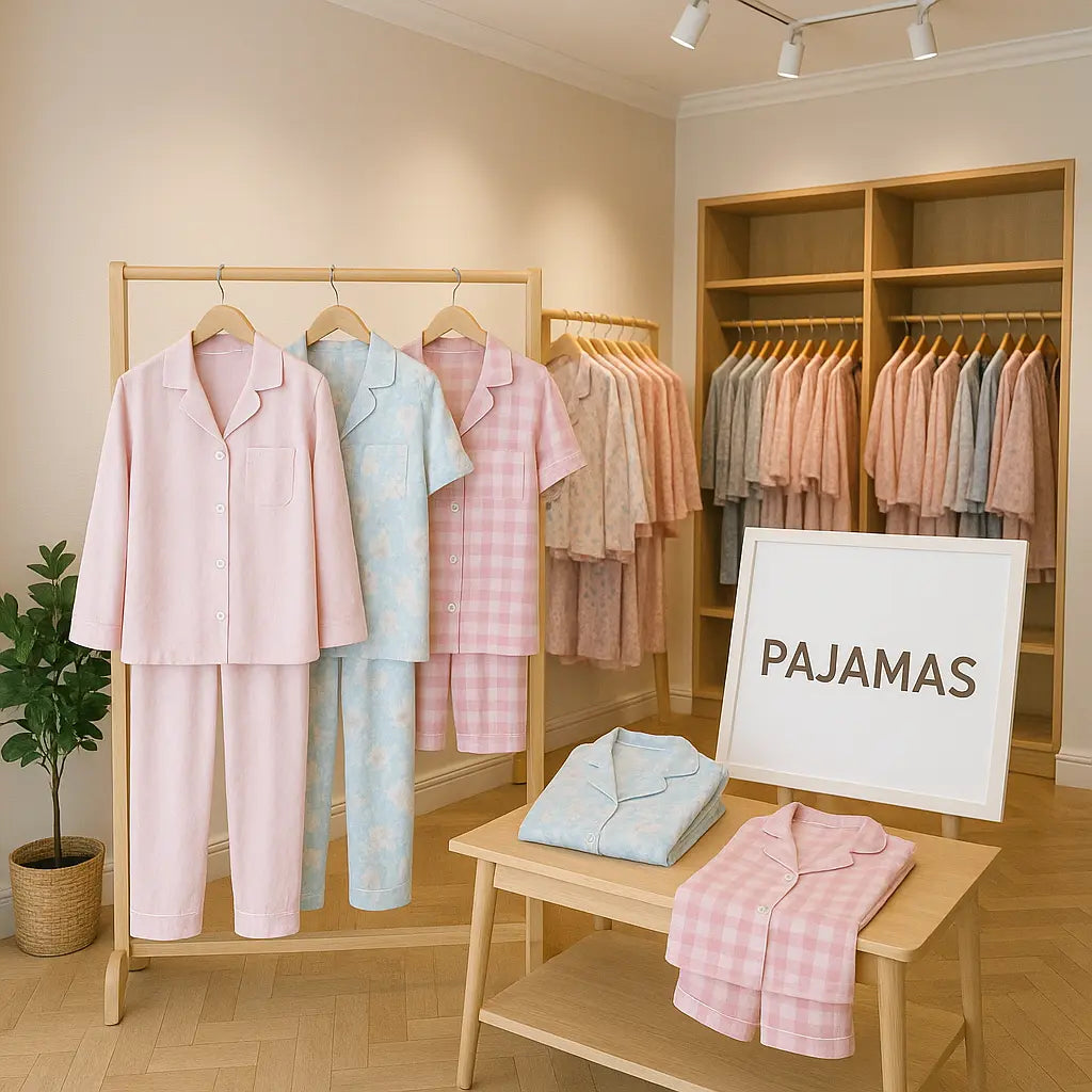 Display of pajama sets in a store with a 'PAJAMAS' sign.