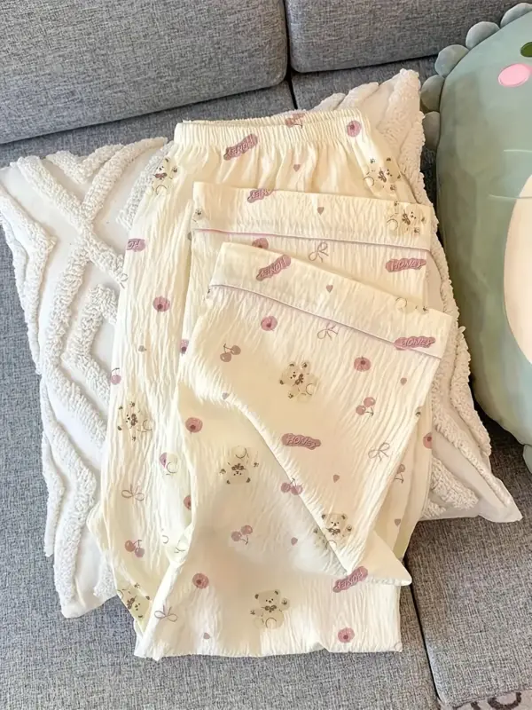 Cherry Blossom Bear Cute Casual Pajama Set - Image 2