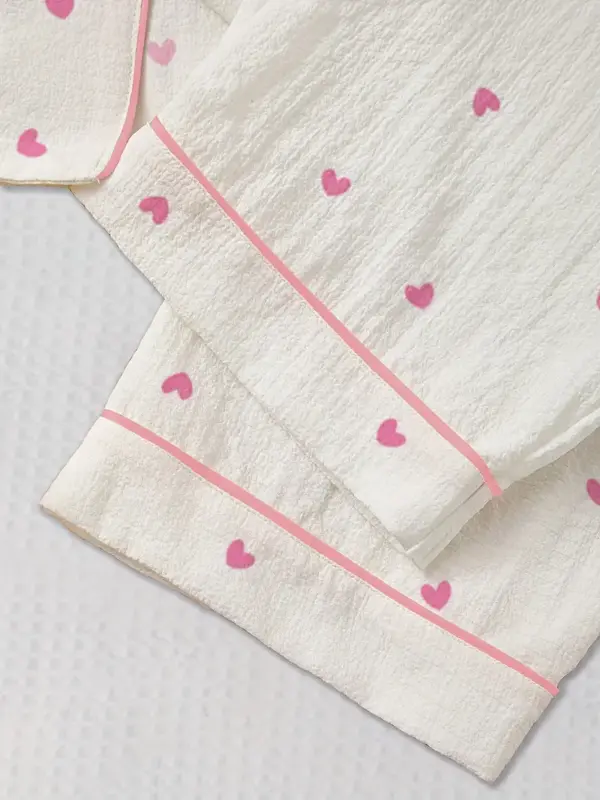 Elegant Heart Print Long Sleeve Pajama Set - Image 2