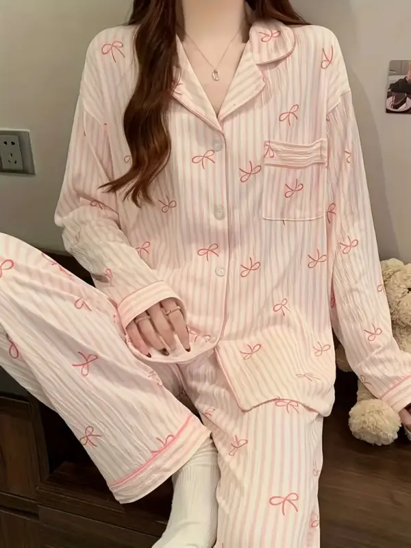 Sweet Striped Long Sleeve Korean Style Casual Pajamas Set
