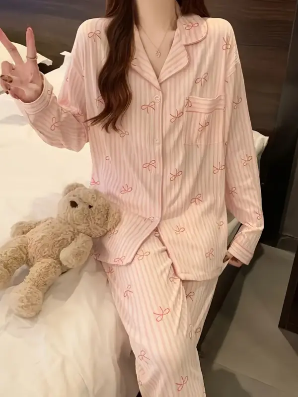 Sweet Striped Long Sleeve Korean Style Casual Pajamas Set - Image 3