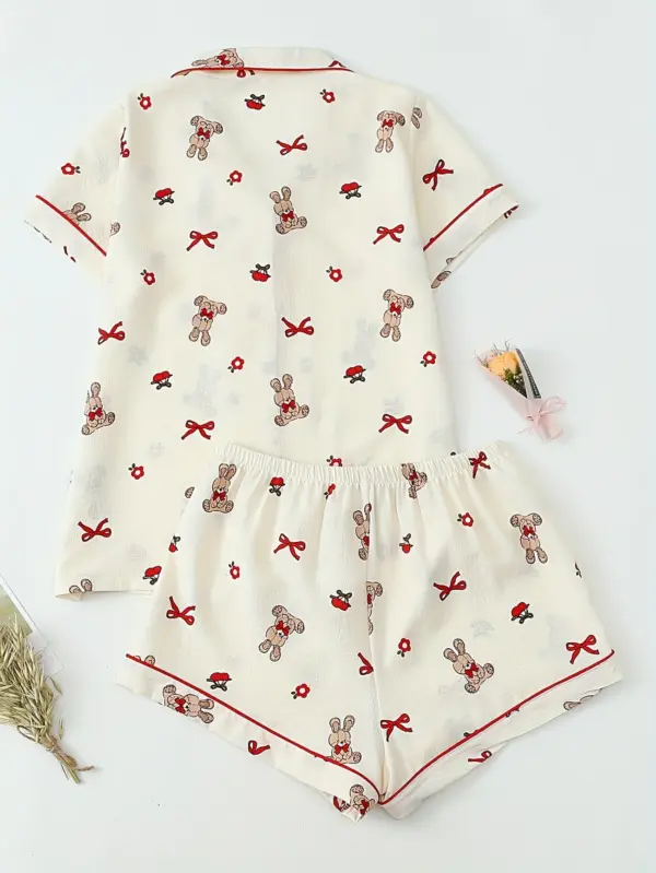 Casual Pajama Set with Bowknot Rabbit Print For Women - Image 7