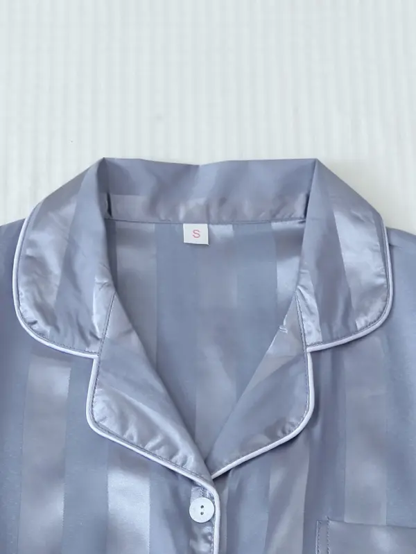 Two Piece Blue Satin Pajama Set Short Sleeve With Shorts - Image 9