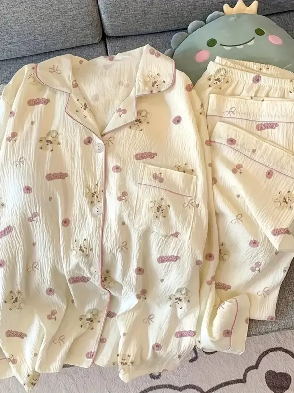 Cherry Blossom Bear Cute Casual Pajama Set - Image 4