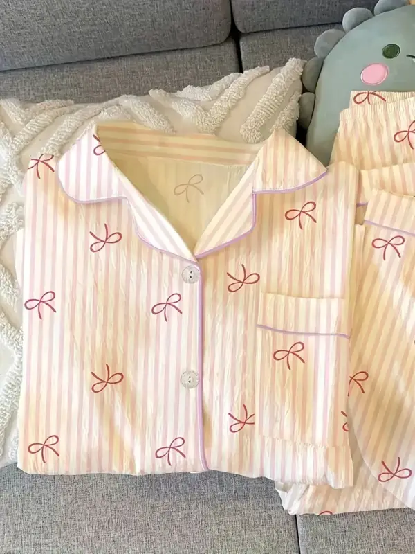 Sweet Striped Long Sleeve Korean Style Casual Pajamas Set - Image 4