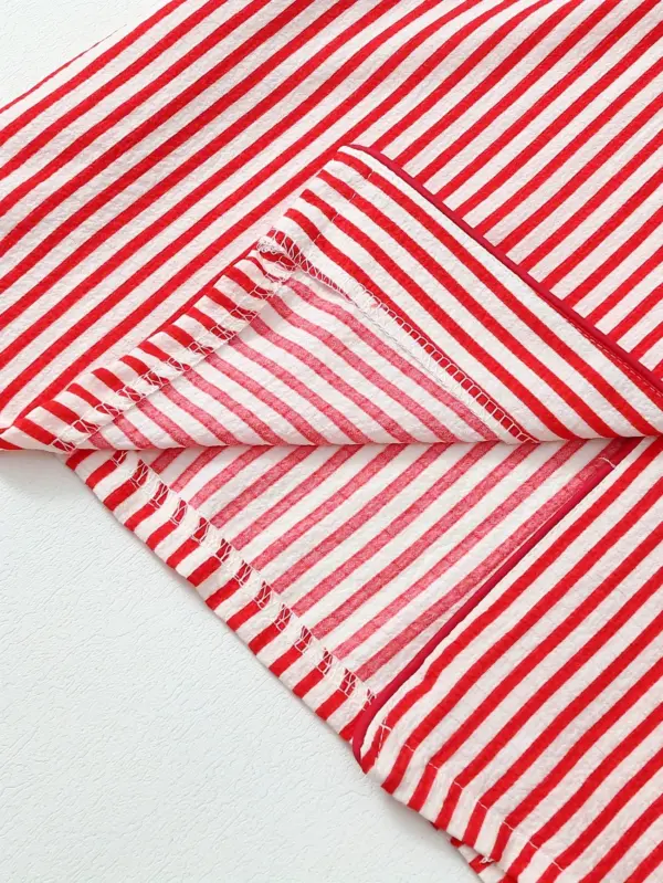 Red Stripe Pattern Women Short Sleeve Pajama Set with Shorts - Image 6