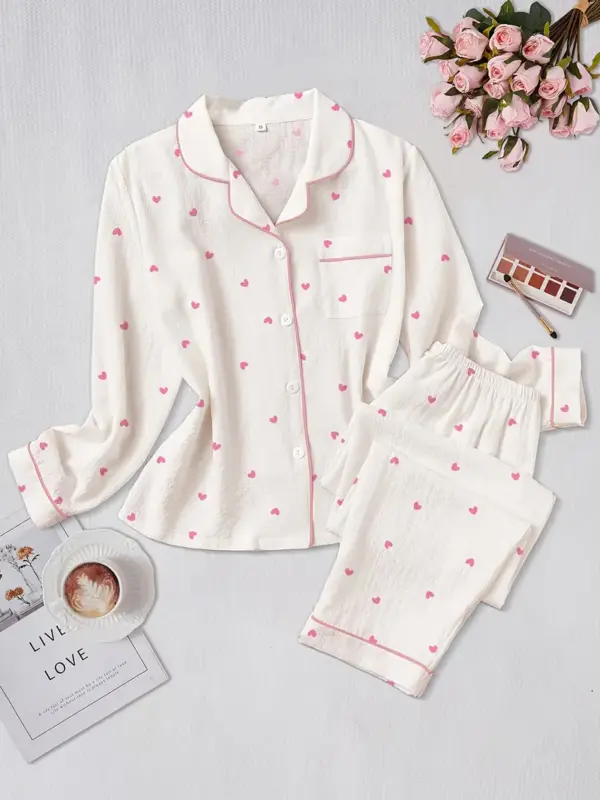 Elegant Heart Print Long Sleeve Pajama Set