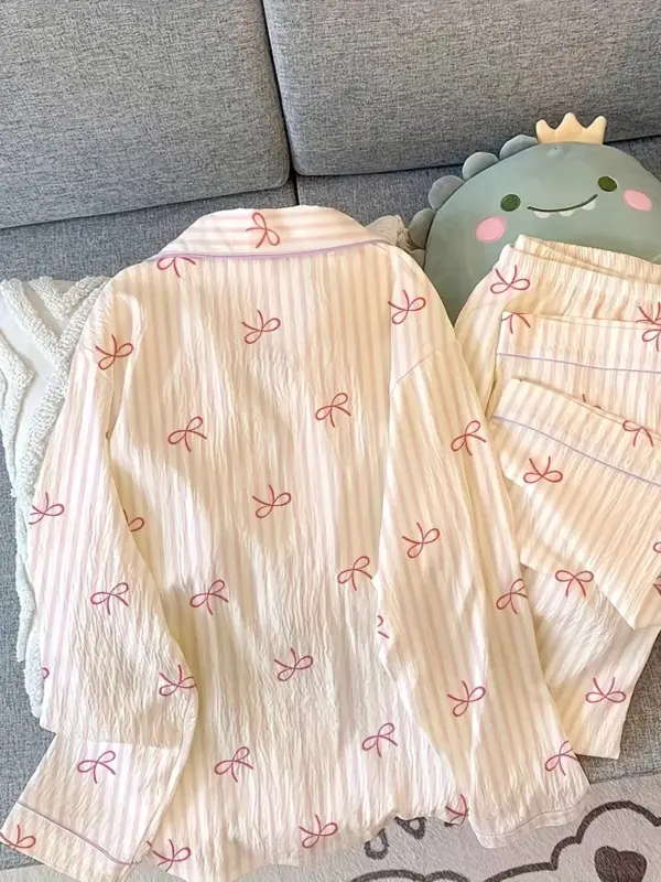 Sweet Striped Long Sleeve Korean Style Casual Pajamas Set - Image 5