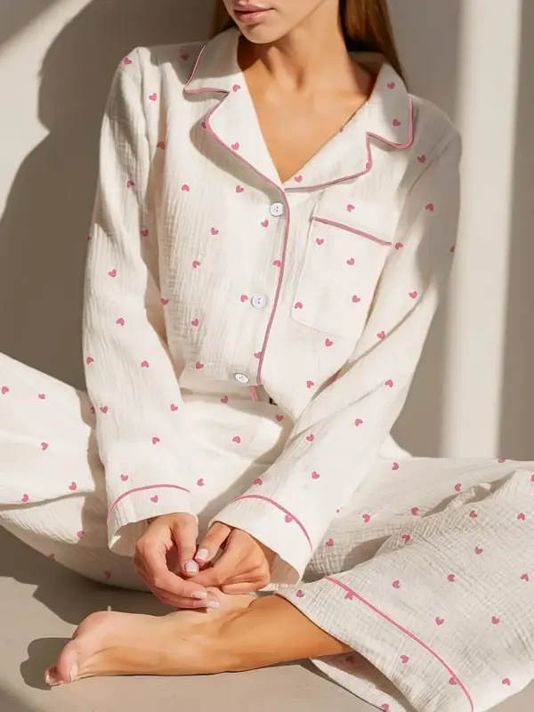 Elegant Heart Print Long Sleeve Pajama Set - Image 5