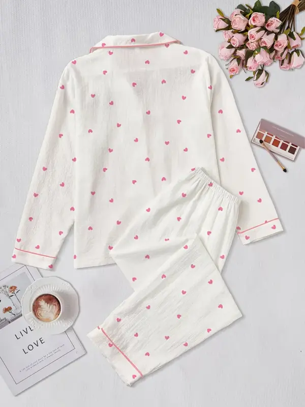 Elegant Heart Print Long Sleeve Pajama Set - Image 3