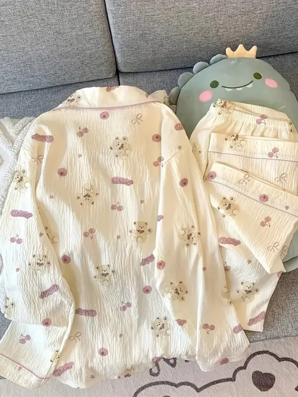 Cherry Blossom Bear Cute Casual Pajama Set - Image 3
