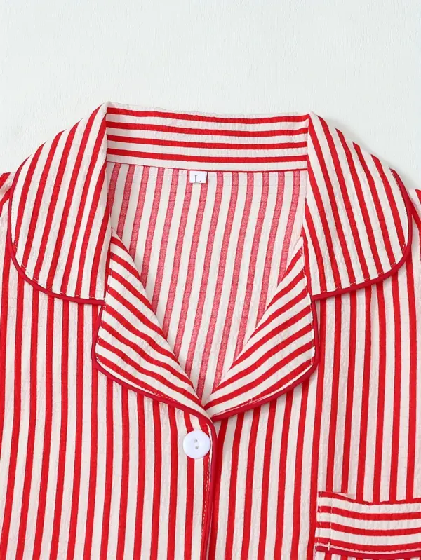Red Stripe Pattern Women Short Sleeve Pajama Set with Shorts - Image 10