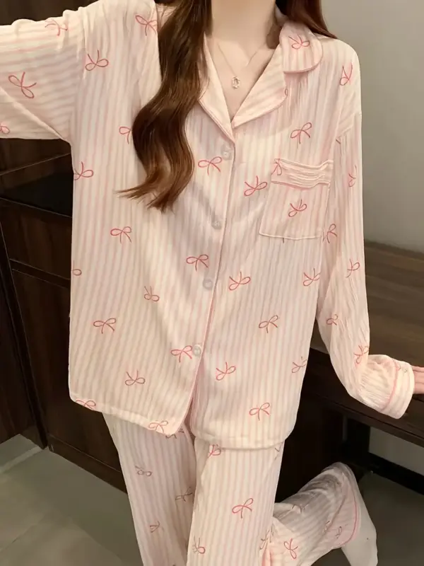 Sweet Striped Long Sleeve Korean Style Casual Pajamas Set - Image 2