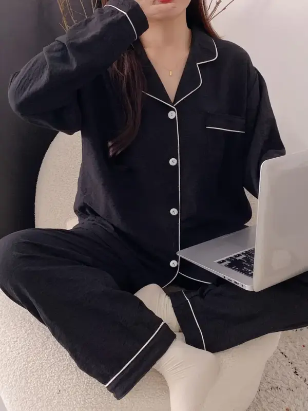 Spring and Autumn Solid Color Simple Pajama Set - Image 3