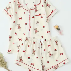 Casual Pajama Set with Bowknot Rabbit Print For Women