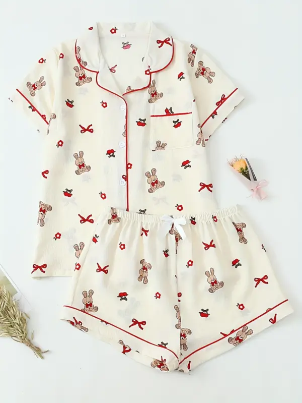 Casual Pajama Set with Bowknot Rabbit Print For Women