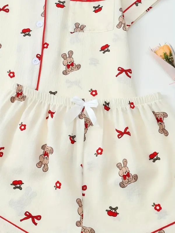 Casual Pajama Set with Bowknot Rabbit Print For Women - Image 5
