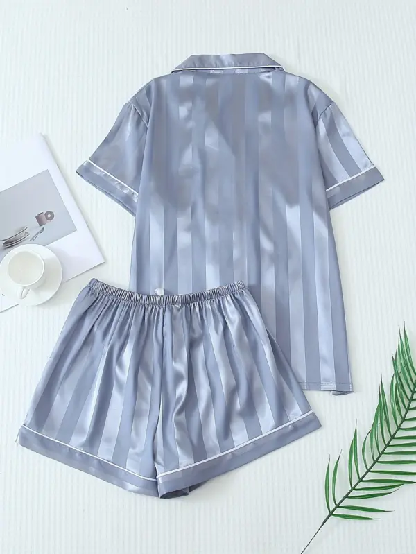 Two Piece Blue Satin Pajama Set Short Sleeve With Shorts - Image 5