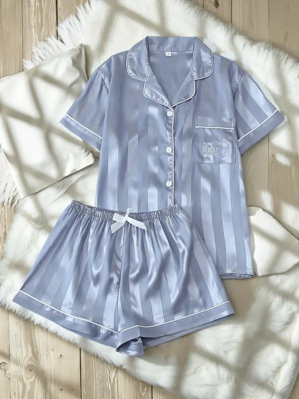 Two Piece Blue Satin Pajama Set Short Sleeve With Shorts - Image 6