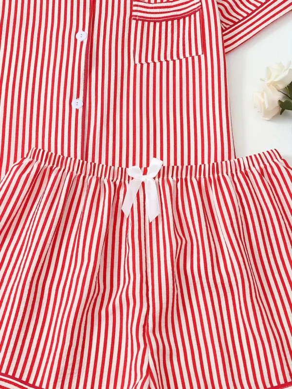 Red Stripe Pattern Women Short Sleeve Pajama Set with Shorts - Image 9