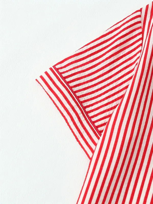 Red Stripe Pattern Women Short Sleeve Pajama Set with Shorts - Image 8