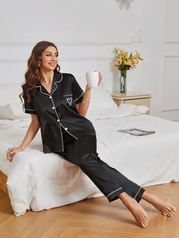 Black Embroidered Satin Pajama Set Short Sleeve Long Pants - Image 6