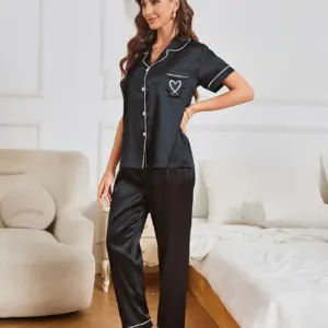 Black Embroidered Satin Pajama Set Short Sleeve Long Pants