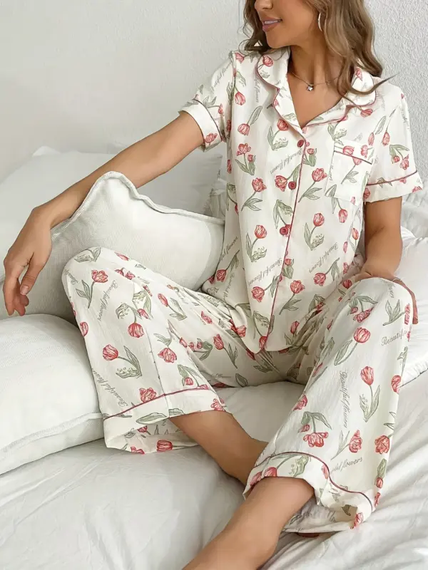 Comfortable Casual Wear Elegant Floral Print Pajama Set for Women - Image 4
