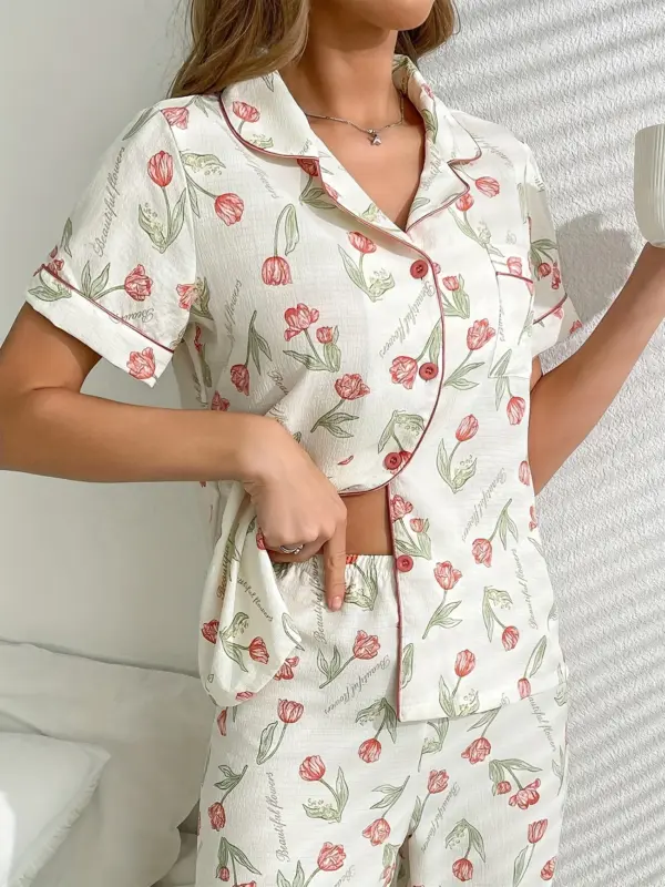 Comfortable Casual Wear Elegant Floral Print Pajama Set for Women - Image 2