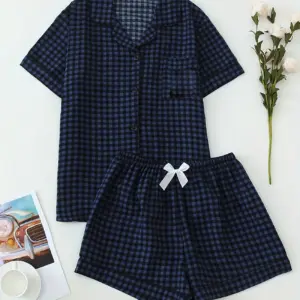 Cozy Checkered Pattern Pajama Set Short Sleeve