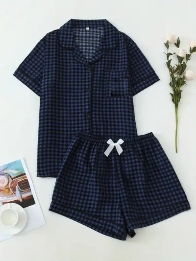 Cozy Checkered Pattern Pajama Set Short Sleeve