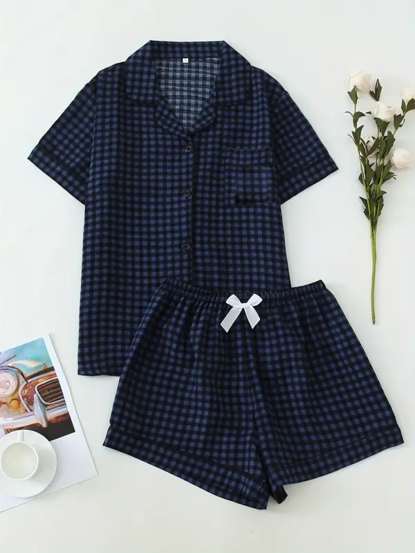 Cozy Checkered Pattern Pajama Set Short Sleeve