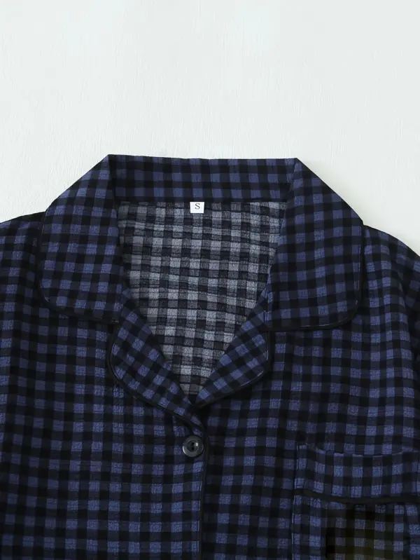 Cozy Checkered Pattern Pajama Set Short Sleeve - Image 4