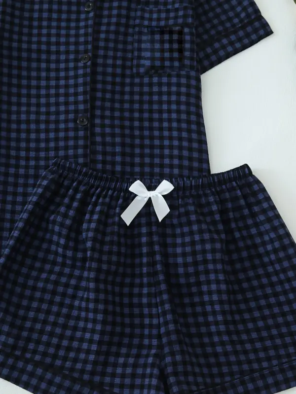 Cozy Checkered Pattern Pajama Set Short Sleeve - Image 3