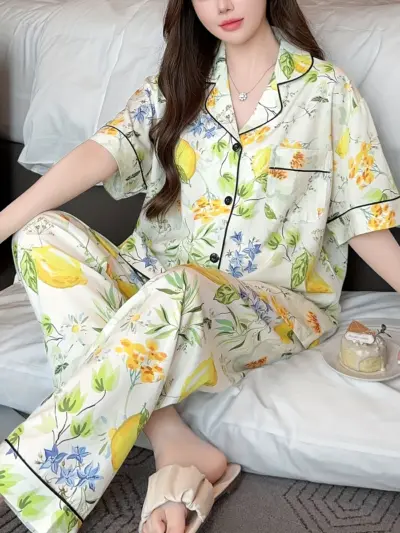 Elegant Floral Print Pajama Set Short Sleeve