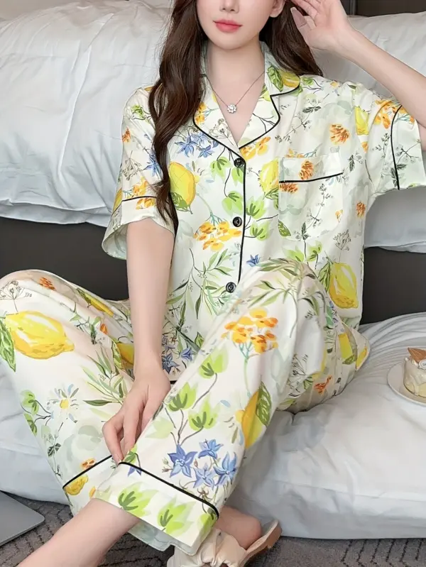 Elegant Floral Print Pajama Set Short Sleeve - Image 3