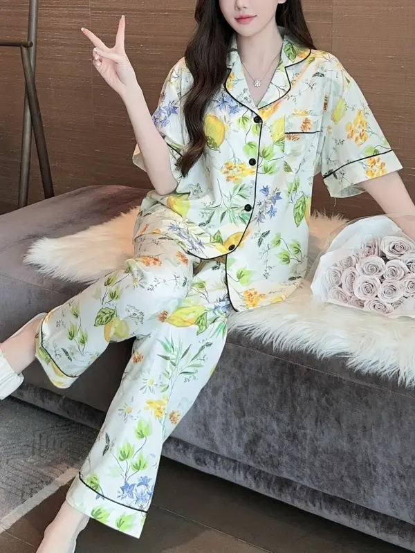 Elegant Floral Print Pajama Set Short Sleeve - Image 2